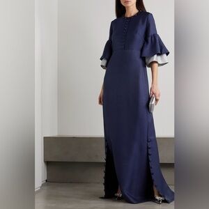 NWT Reem Acra Button Embellished Ruffled Satin Pique Gown Navy Blue Sz M